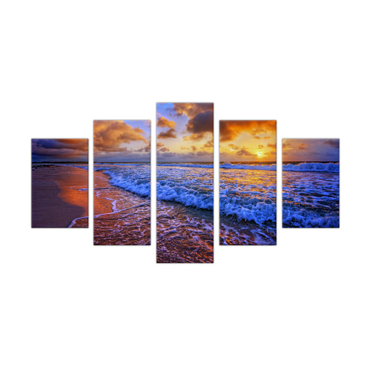 Golden Sunset Waves: 5-Piece Ocean Shore Canvas Wall Art Set