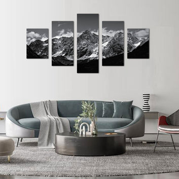 Black and White Mountain Peaks Canvas Wall Art - 5 Pieces