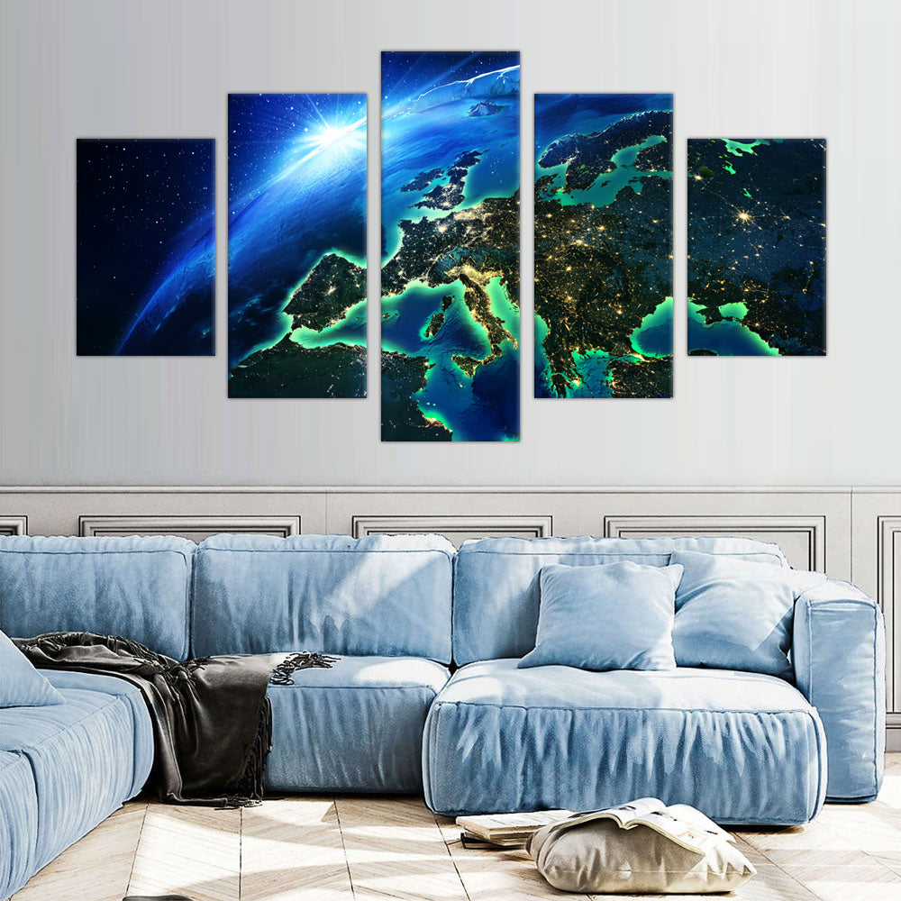 Europe at Night: 5-Piece Satellite View Canvas Wall Art Set