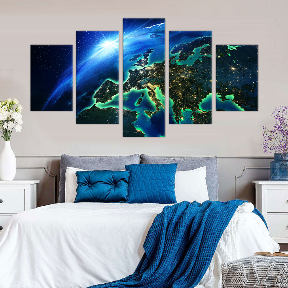 Europe at Night: 5-Piece Satellite View Canvas Wall Art Set