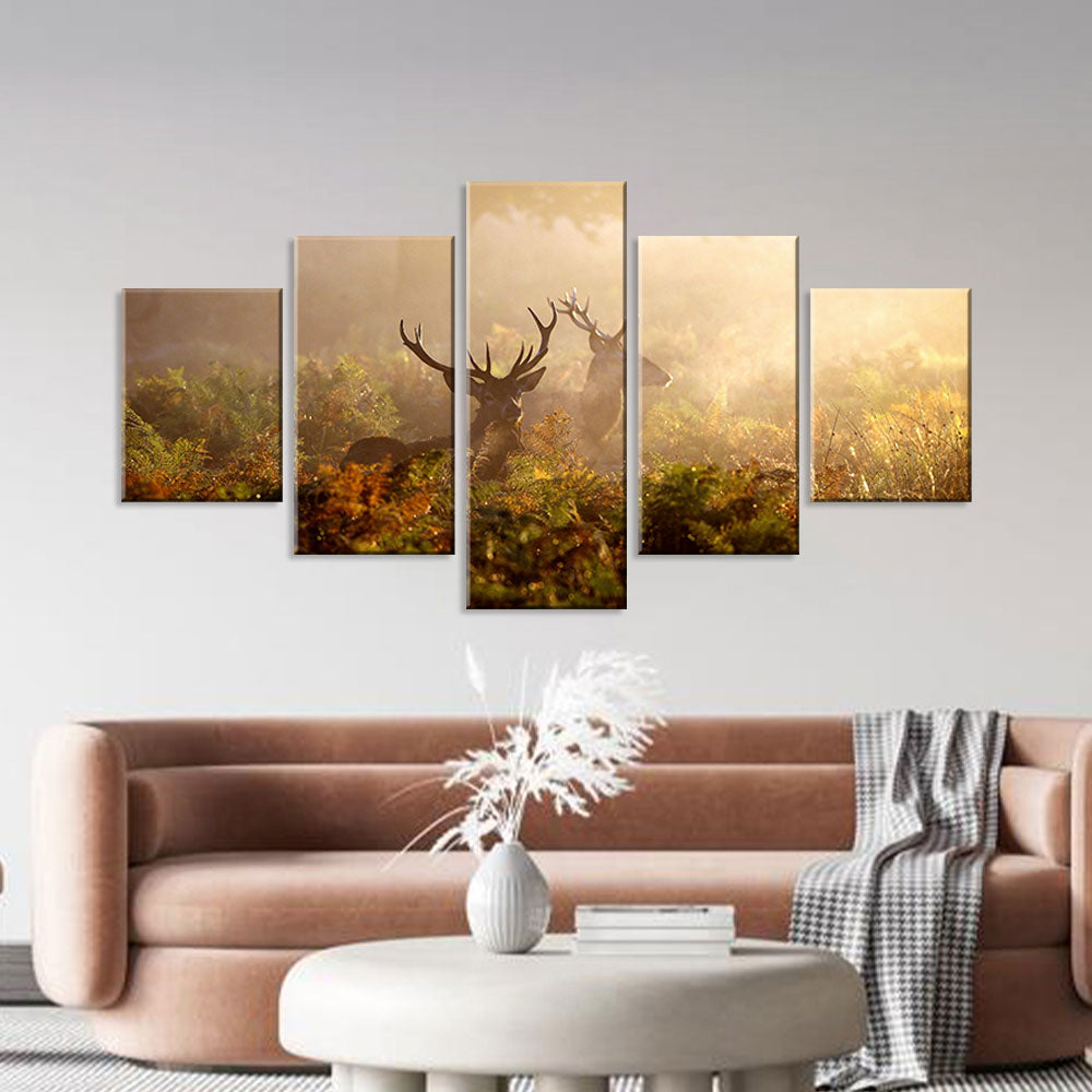Two Deer Stag in Mist Morning Canvas Wall Art
