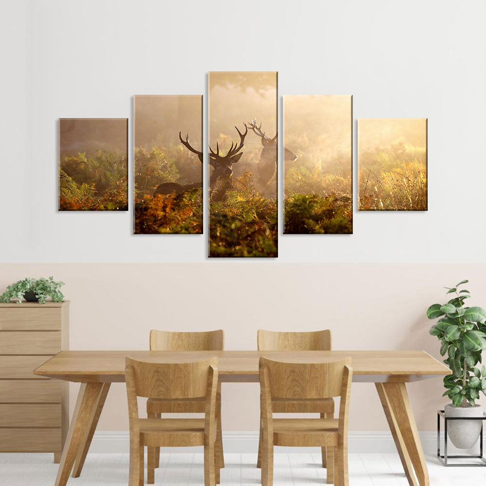 Two Deer Stag in Mist Morning Canvas Wall Art