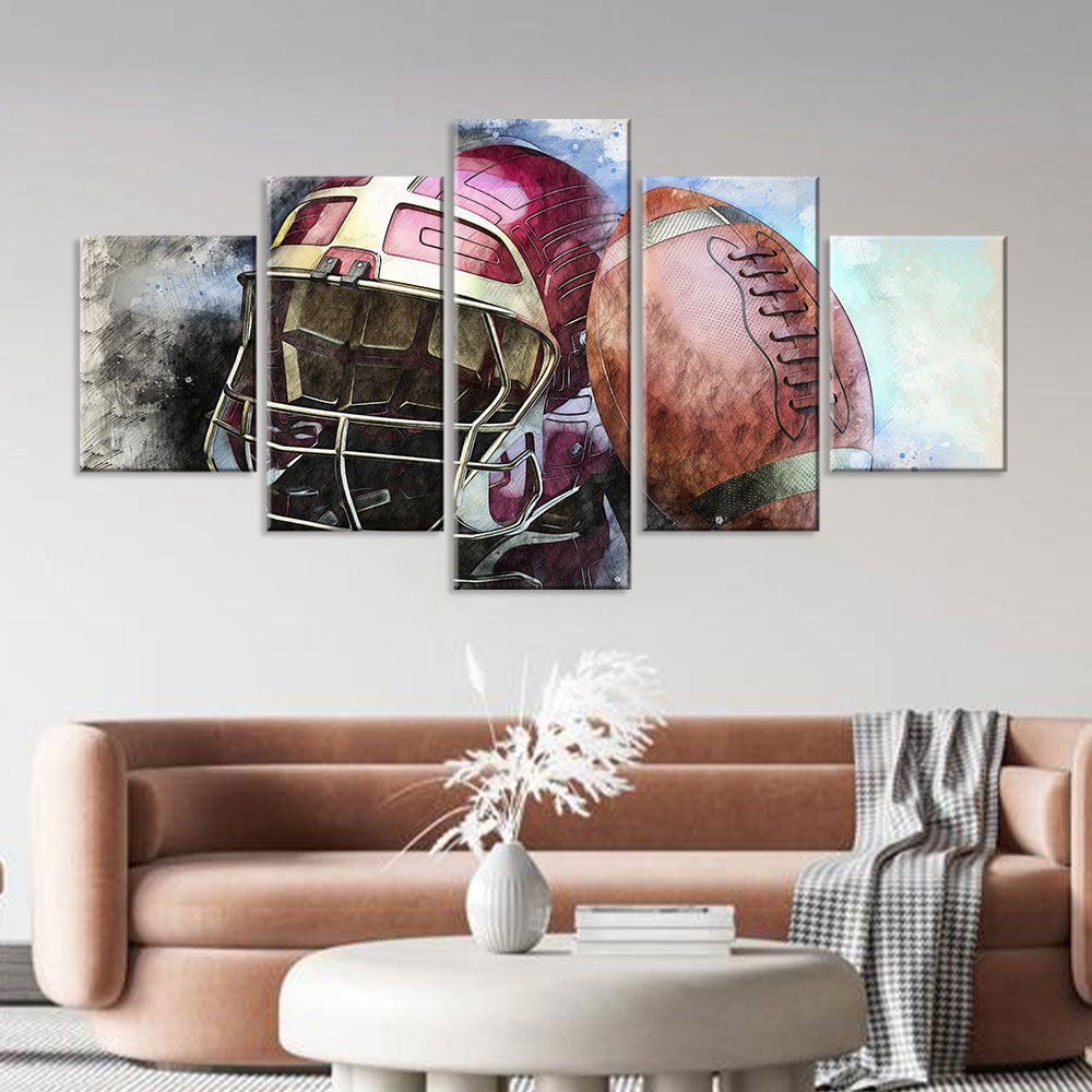 5-Piece American Football Helmet and Ball Canvas Wall Art