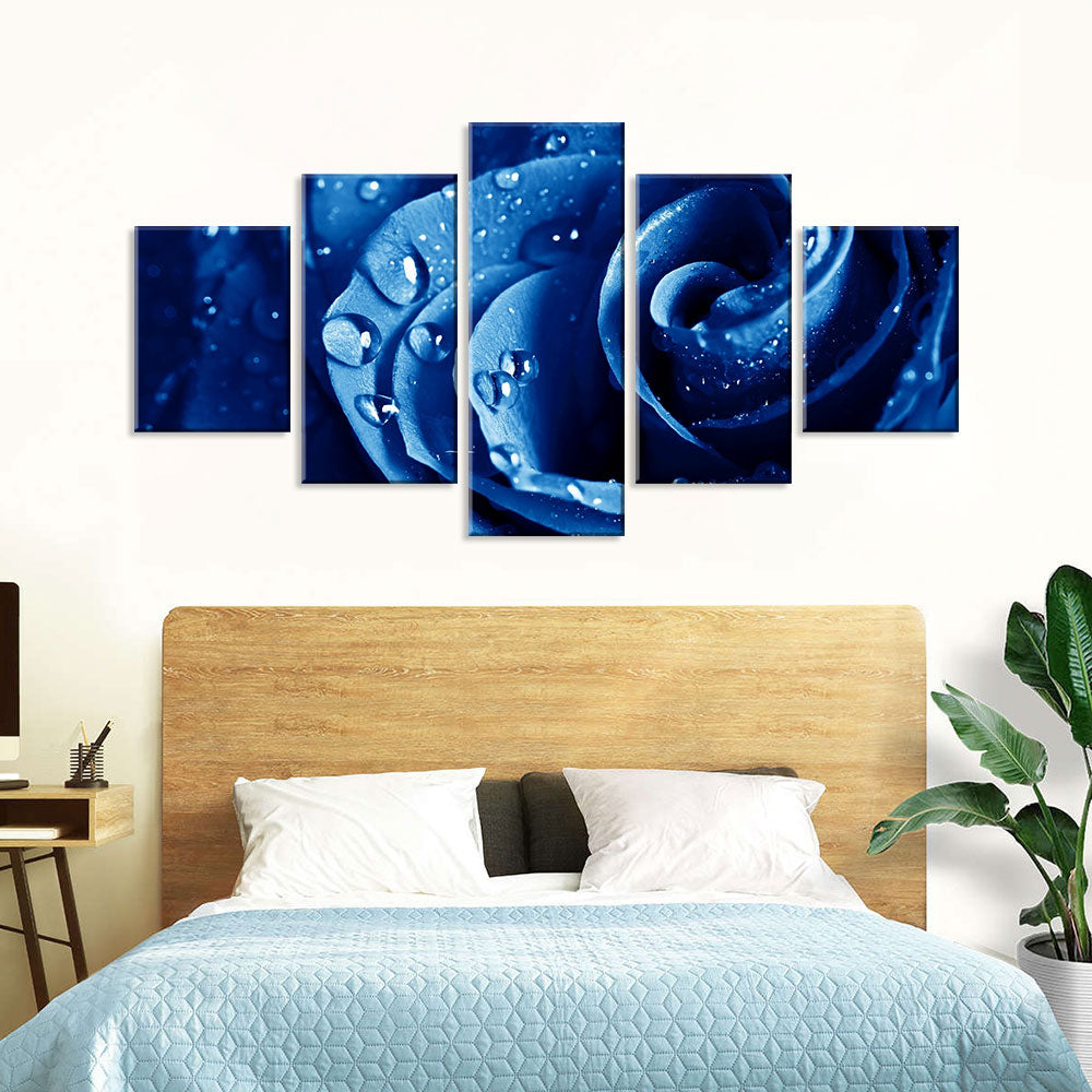 Rain Drops on Blue Rose Canvas Wall Art