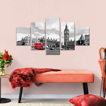 Red Bus in Black and White London Street Canvas Wall Art