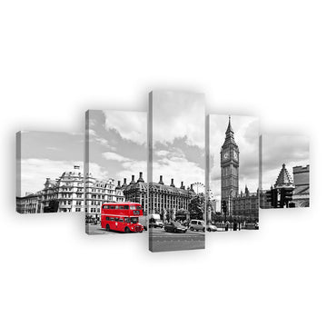 Red Bus in Black and White London Street Canvas Wall Art