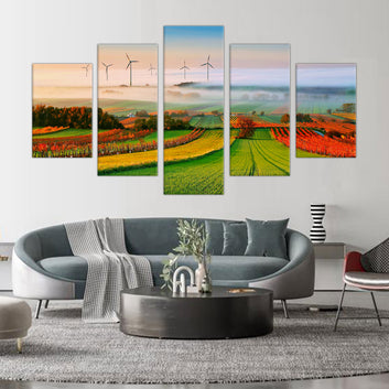 Misty Countryside Sunrise: 5-Piece Scenic Windmill Landscape Canvas Wall Art Set