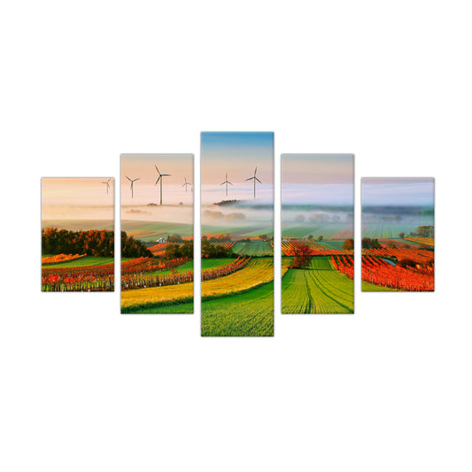 Misty Countryside Sunrise: 5-Piece Scenic Windmill Landscape Canvas Wall Art Set