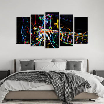 5 Piece Abstract Neon Light Guitar Canvas Wall Art