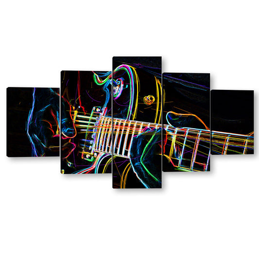 5 Piece Abstract Neon Light Guitar Canvas Wall Art