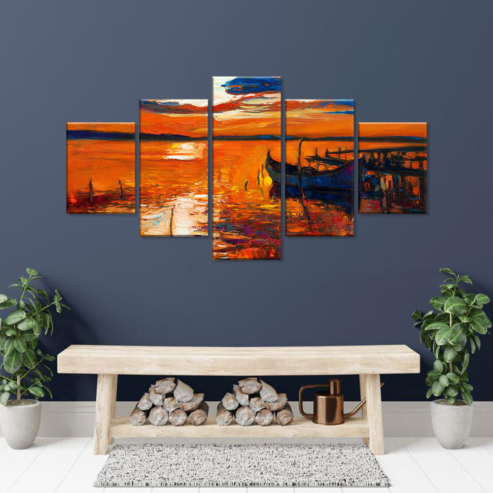  Watercolor Sunset Boat at Lake canvas wall art