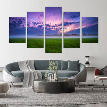 Purple Misty Sunrise: 5-Piece Morning Sky Landscape Canvas Wall Art Set