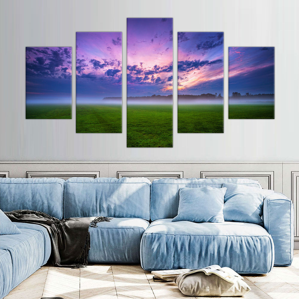 Purple Misty Sunrise: 5-Piece Morning Sky Landscape Canvas Wall Art Set