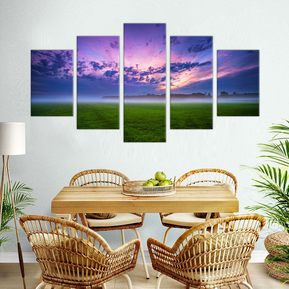 Purple Misty Sunrise: 5-Piece Morning Sky Landscape Canvas Wall Art Set