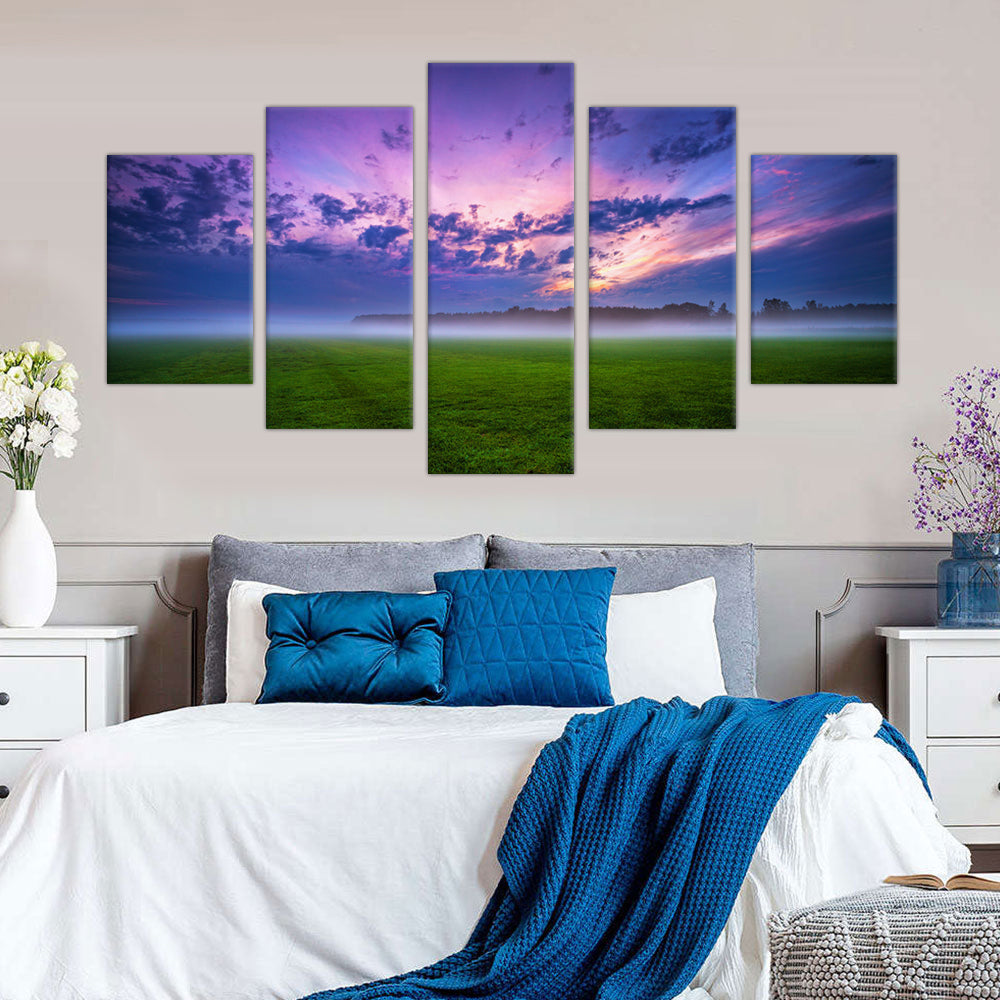 Purple Misty Sunrise: 5-Piece Morning Sky Landscape Canvas Wall Art Set