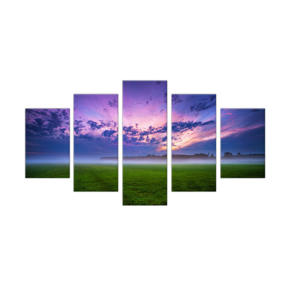 Purple Misty Sunrise: 5-Piece Morning Sky Landscape Canvas Wall Art Set