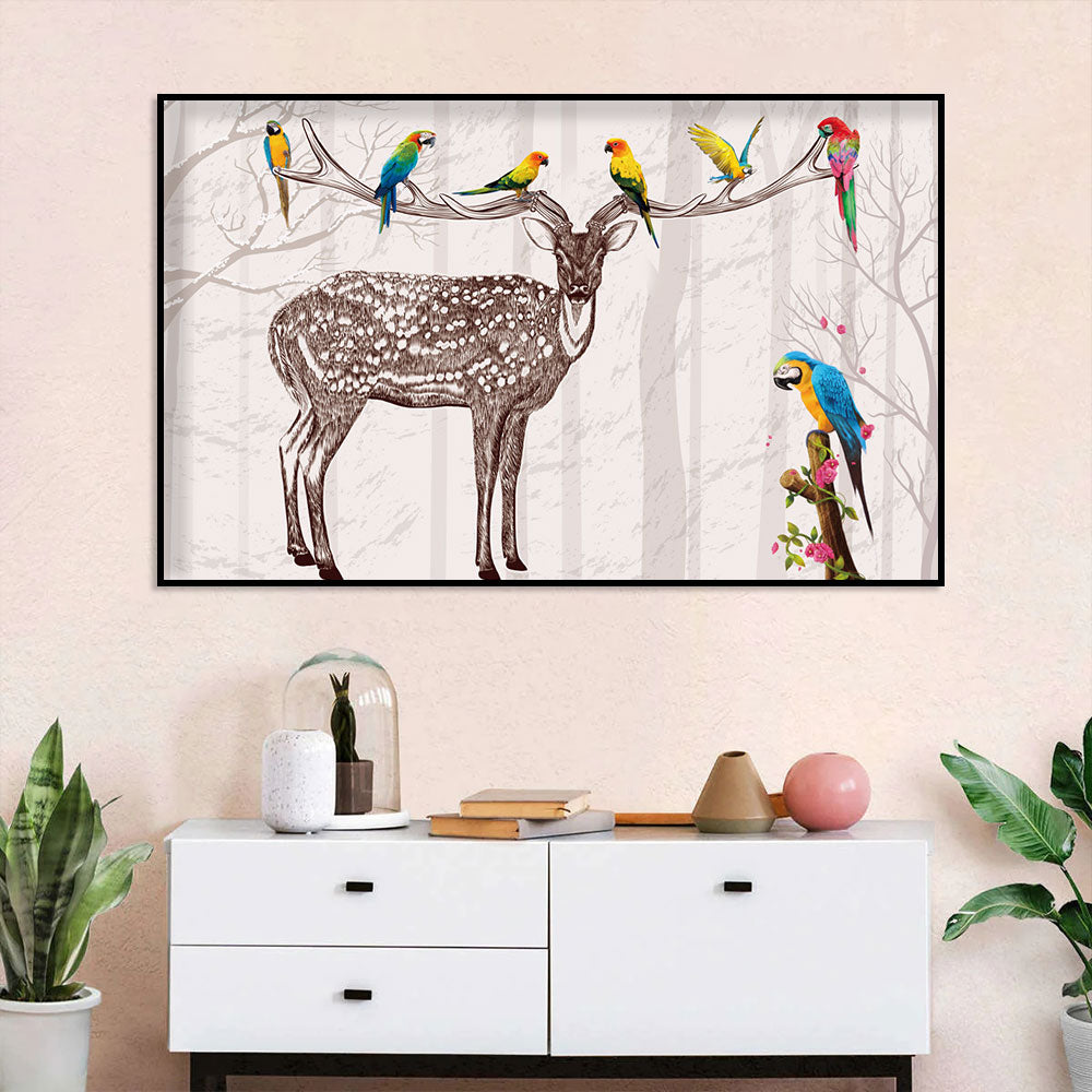 Forest Friends Deer and Parrots Canvas Wall Art