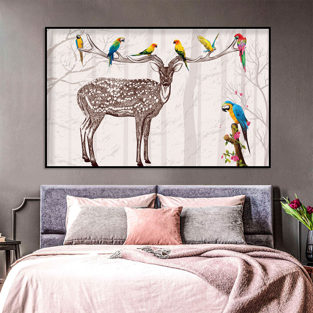 Forest Friends Deer and Parrots Canvas Wall Art