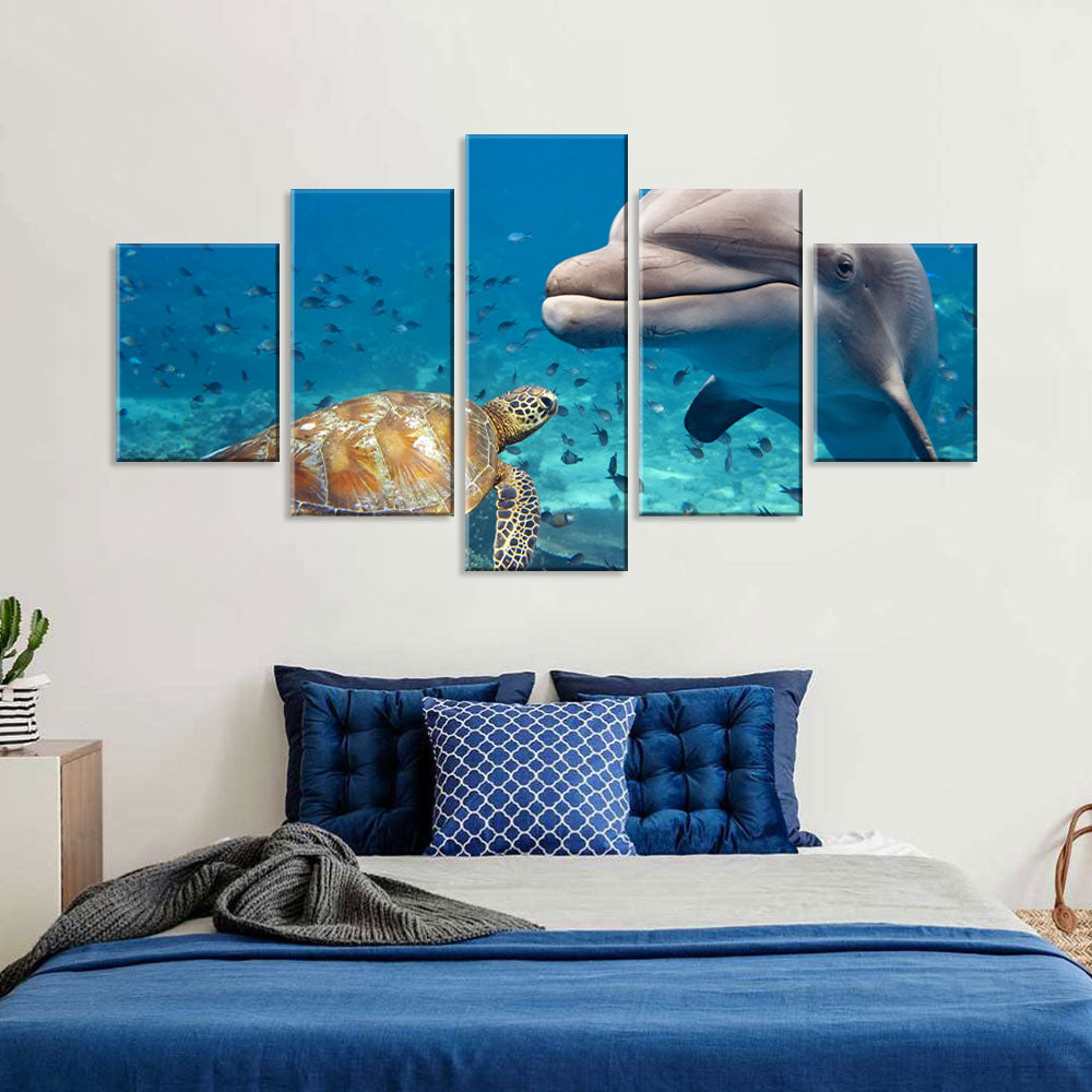 Dolphin and Sea Turtle in Ocean Canvas Wall Art