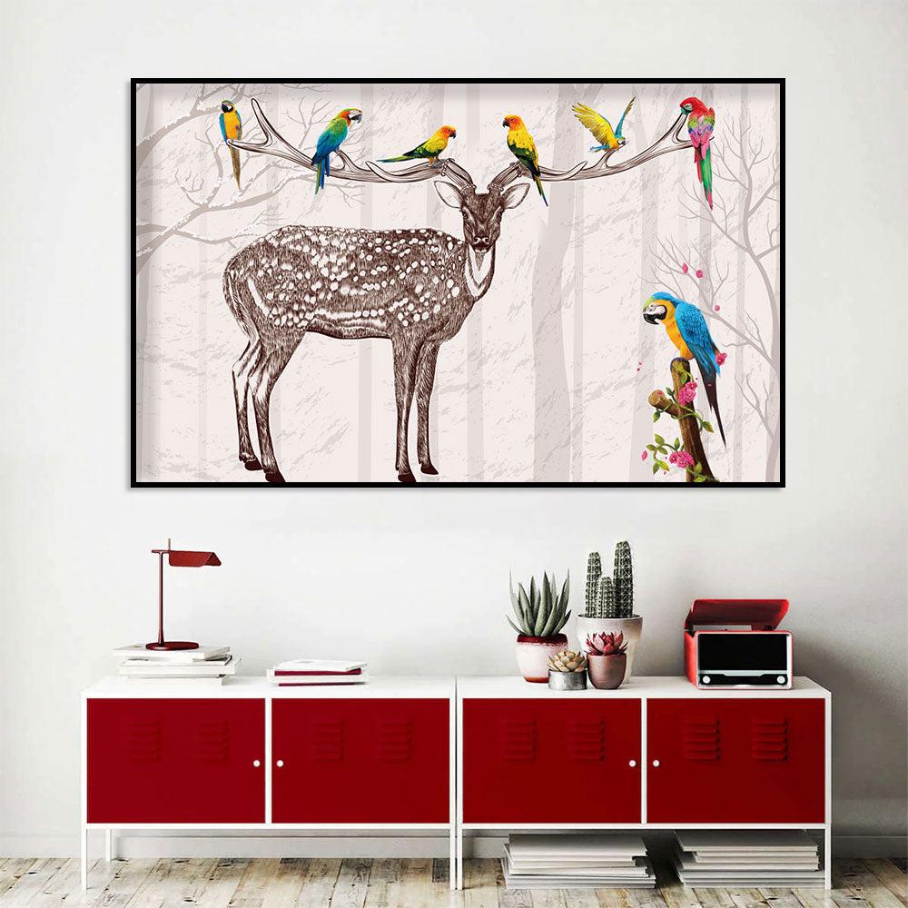 Forest Friends Deer and Parrots Canvas Wall Art