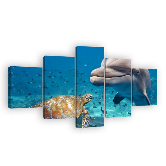 Dolphin and Sea Turtle in Ocean Canvas Wall Art