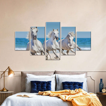 Three White Horses Running on Beach Canvas Wall Art