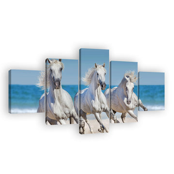 Three White Horses Running on Beach Canvas Wall Art