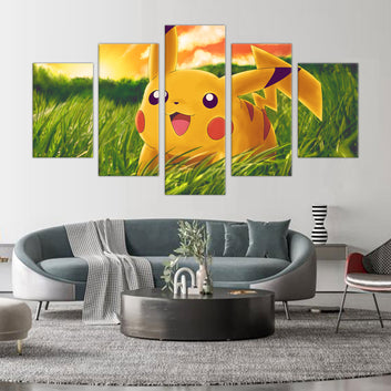 Cheerful Pikachu in the Grass: 5-Piece Anime-Inspired Canvas Wall Art Set