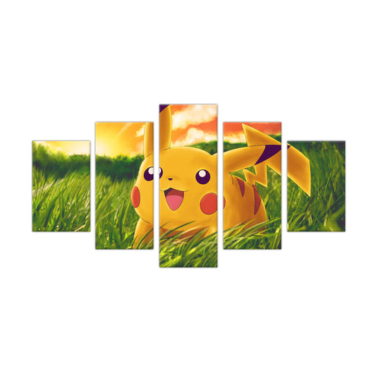 Cheerful Pikachu in the Grass: 5-Piece Anime-Inspired Canvas Wall Art Set