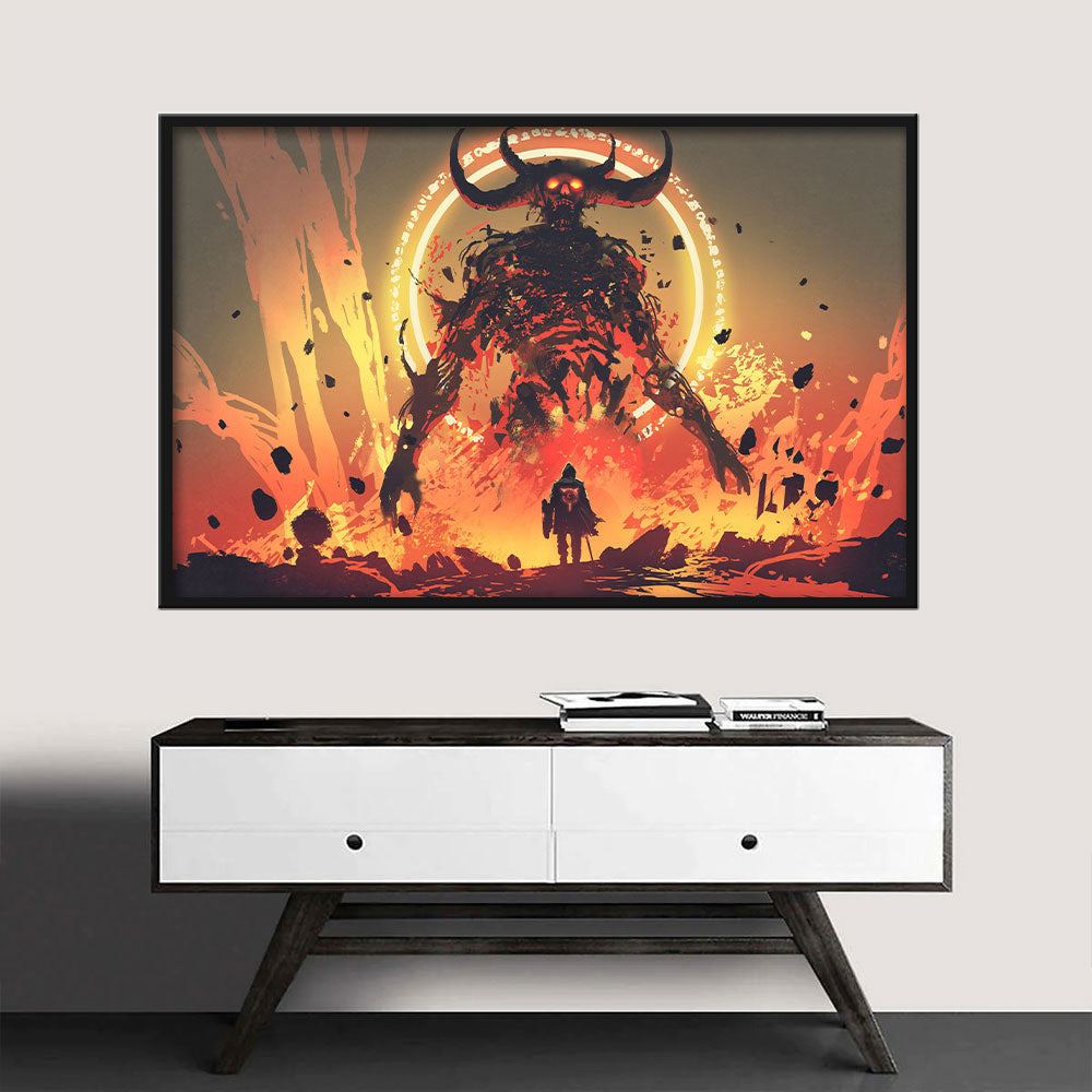 Knight Facing the Lava Demon in Hell Canvas Wall Art