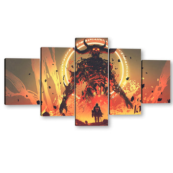 Knight Facing the Lava Demon in Hell Canvas Wall Art