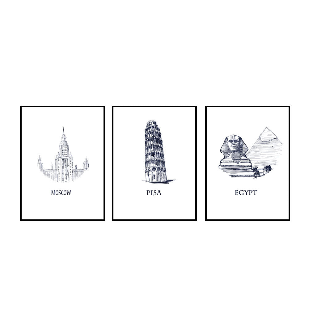 Global Icons Series: Moscow, Pisa, Egypt 3-Piece Canvas Wall Art Set