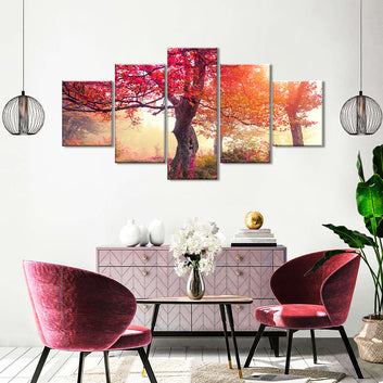 Red Autumn Trees in Forest Canvas Wall Art