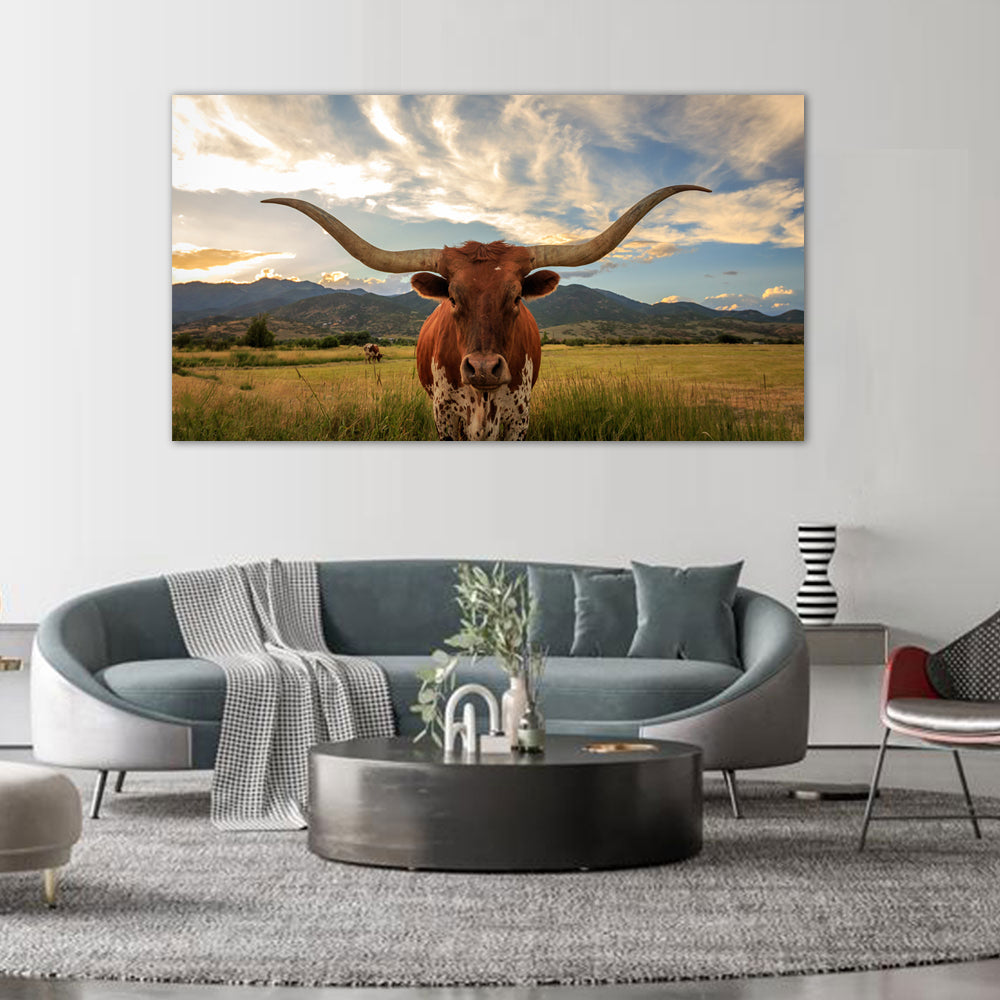 Majestic Longhorn in the Sunset Canvas Wall Art