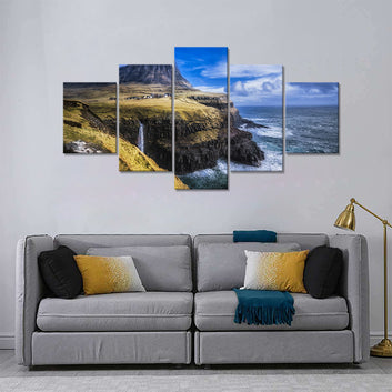 Waterfall Off the Coast of Faroe Island Canvas Wall Art