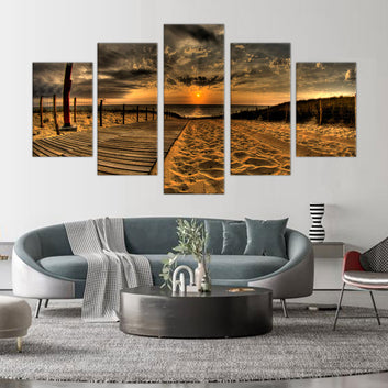 Golden Beach Sunset: 5-Piece Coastal Path Canvas Wall Art Set