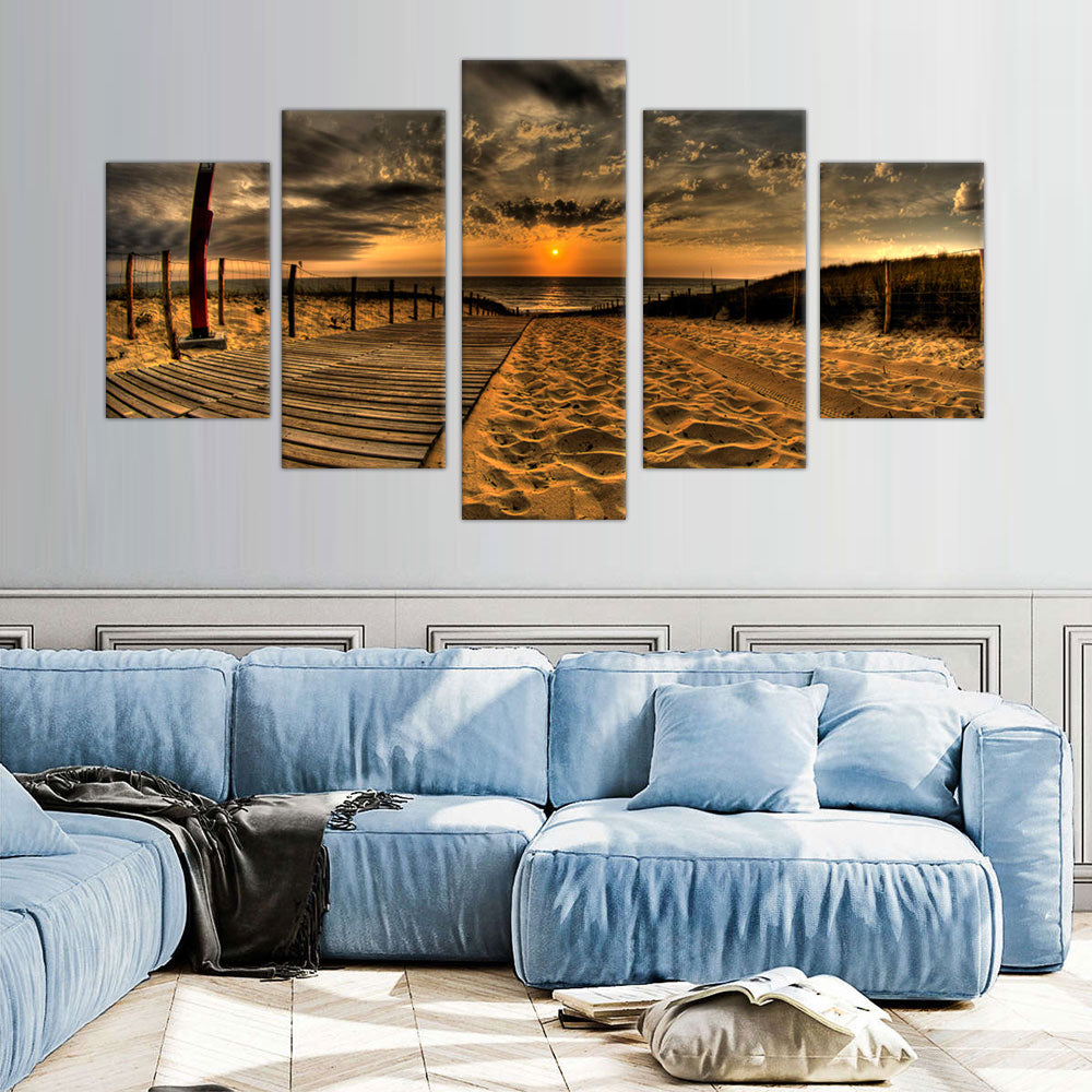 Golden Beach Sunset: 5-Piece Coastal Path Canvas Wall Art Set