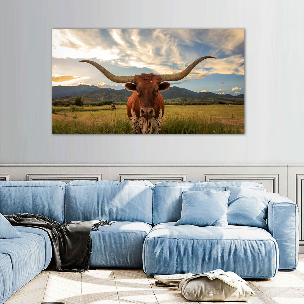 Majestic Longhorn in the Sunset Canvas Wall Art