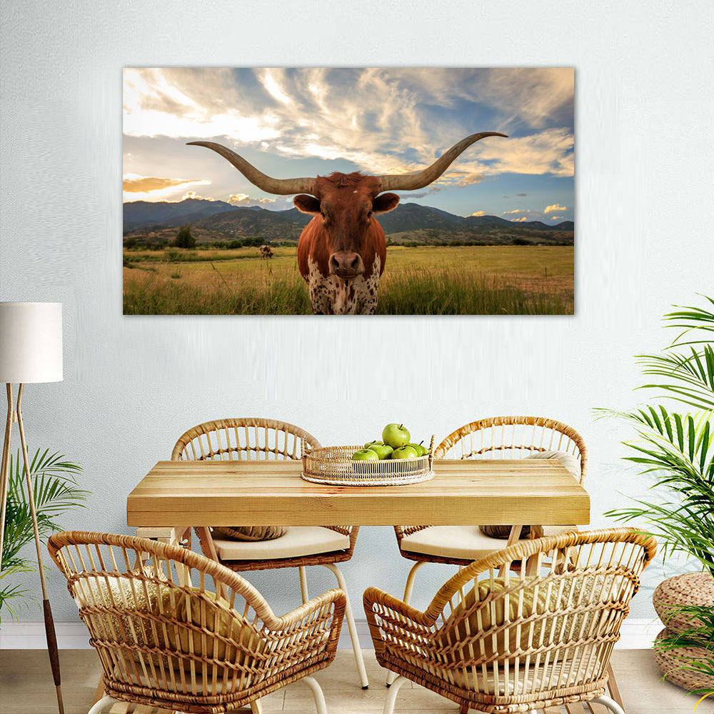 Majestic Longhorn in the Sunset Canvas Wall Art