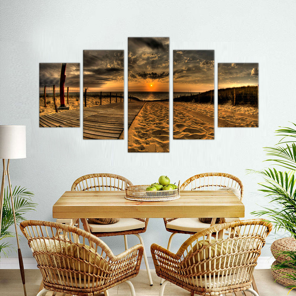 Golden Beach Sunset: 5-Piece Coastal Path Canvas Wall Art Set