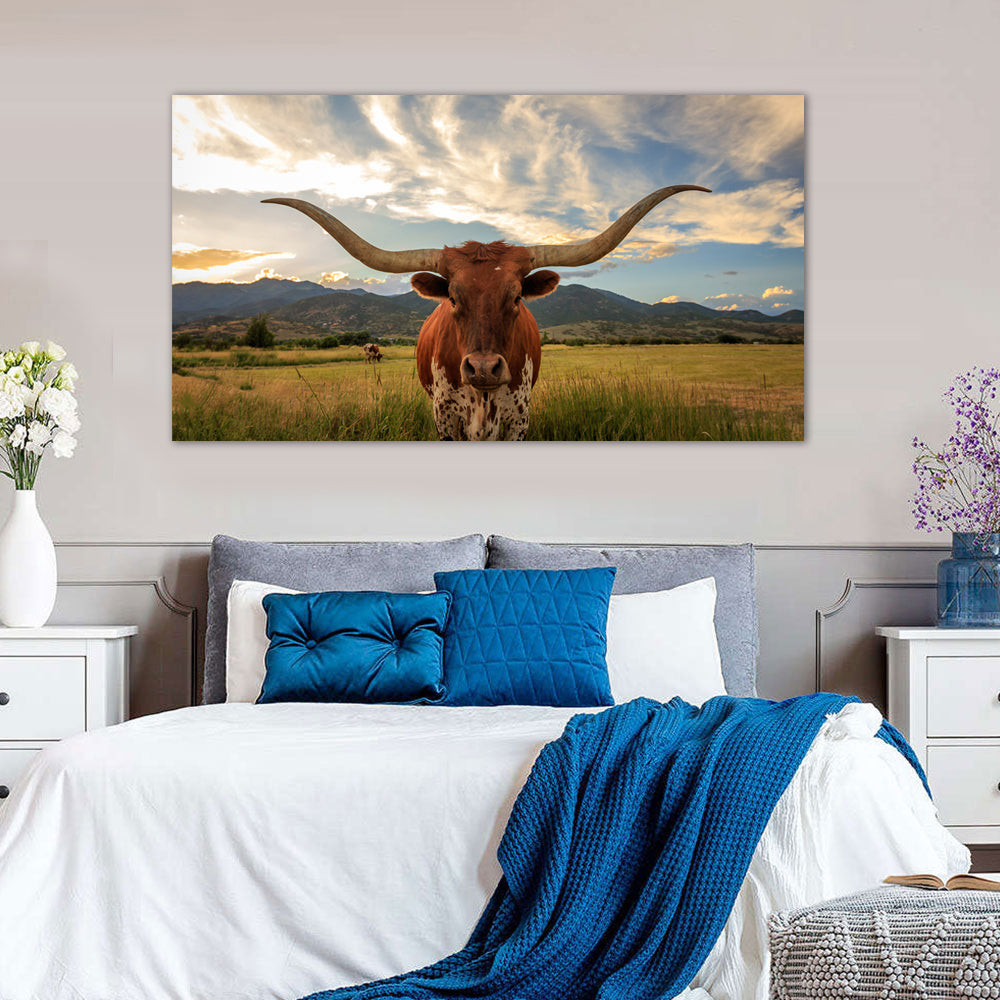 Majestic Longhorn in the Sunset Canvas Wall Art