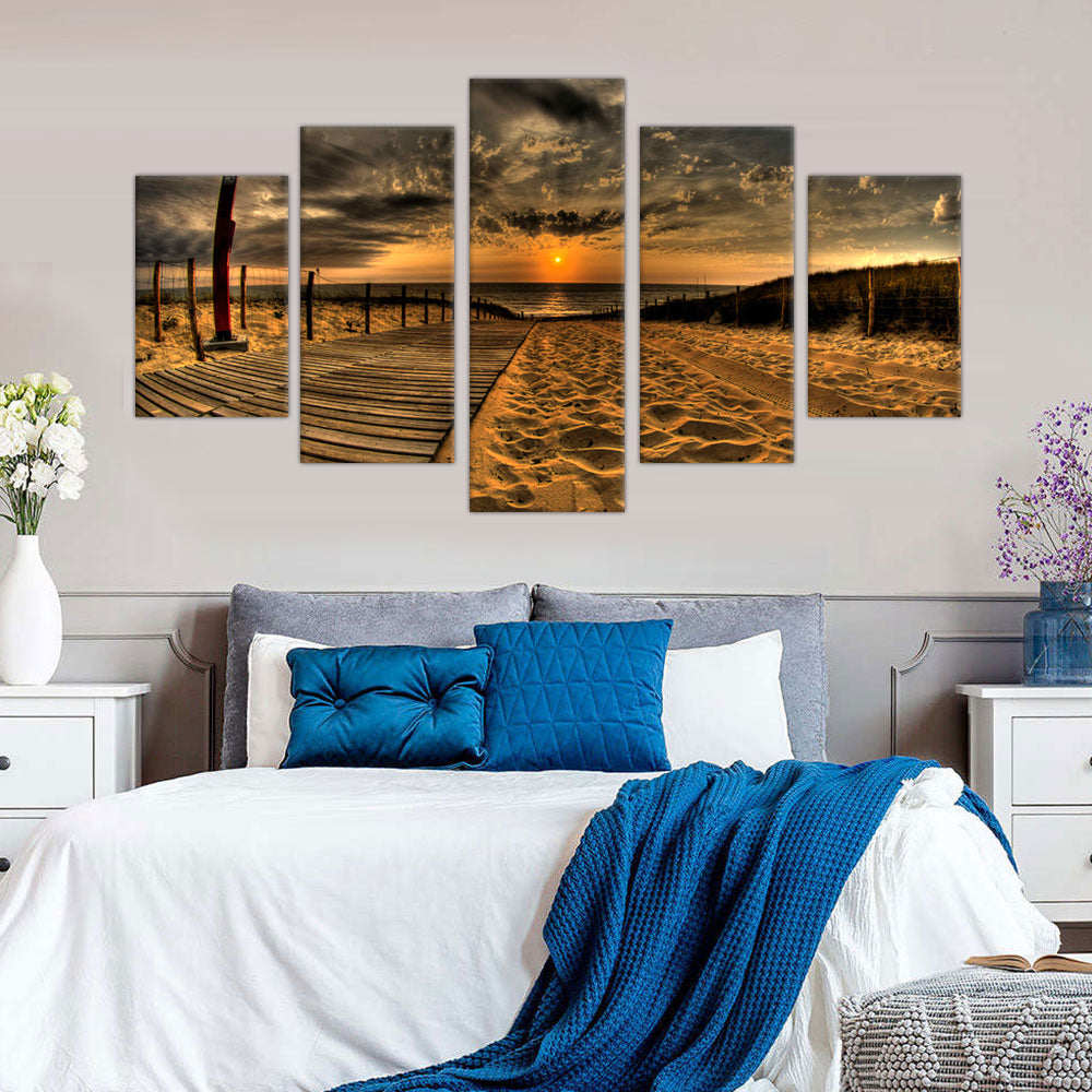 Golden Beach Sunset: 5-Piece Coastal Path Canvas Wall Art Set