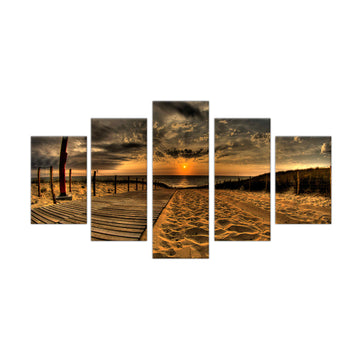 Golden Beach Sunset: 5-Piece Coastal Path Canvas Wall Art Set