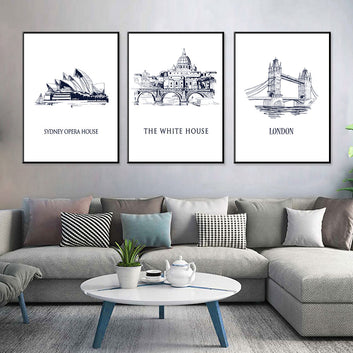 Iconic Capitals: Sydney Opera House, The White House, London Bridge 3-Piece Canvas Set