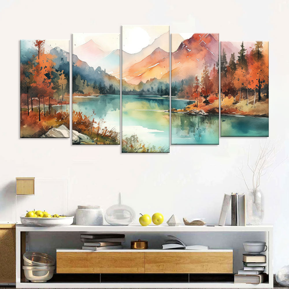 Watercolor Mountain and Lake View Canvas Wall Art