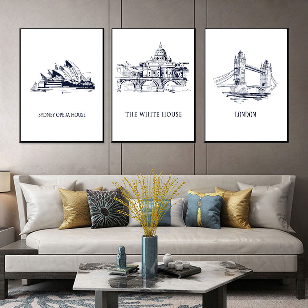 Iconic Capitals: Sydney Opera House, The White House, London Bridge 3-Piece Canvas Set