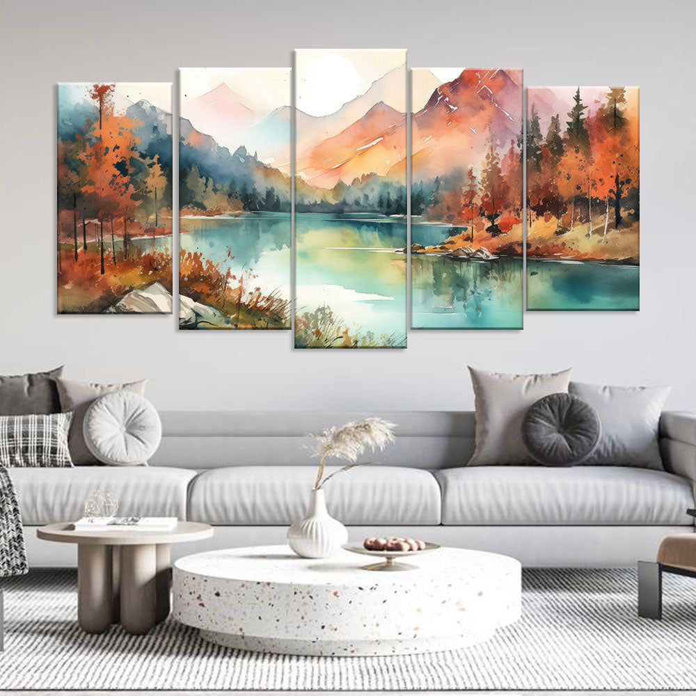 Watercolor Mountain and Lake View Canvas Wall Art