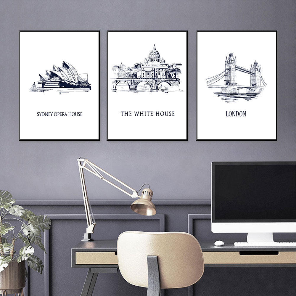 Iconic Capitals: Sydney Opera House, The White House, London Bridge 3-Piece Canvas Set