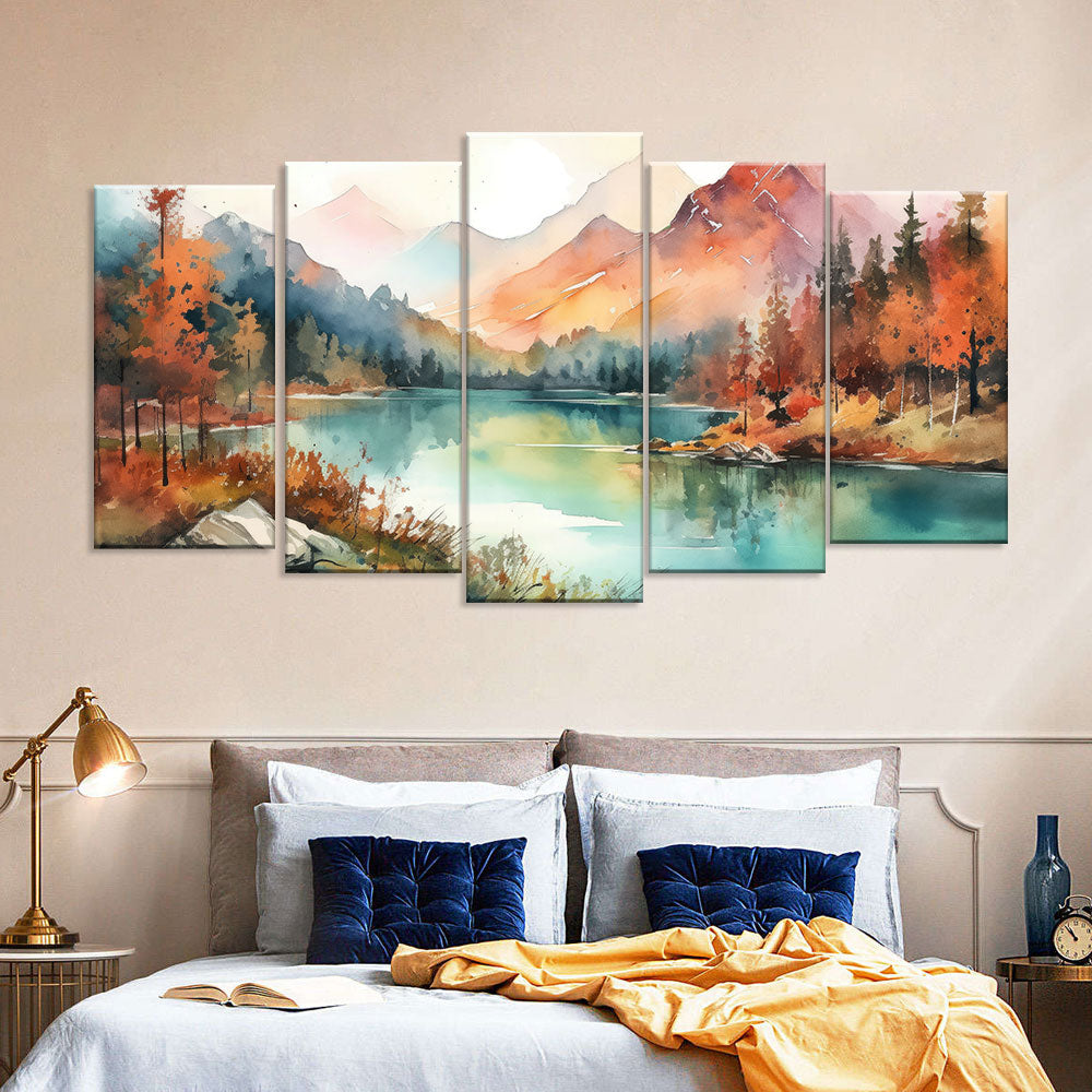 Watercolor Mountain and Lake View Canvas Wall Art