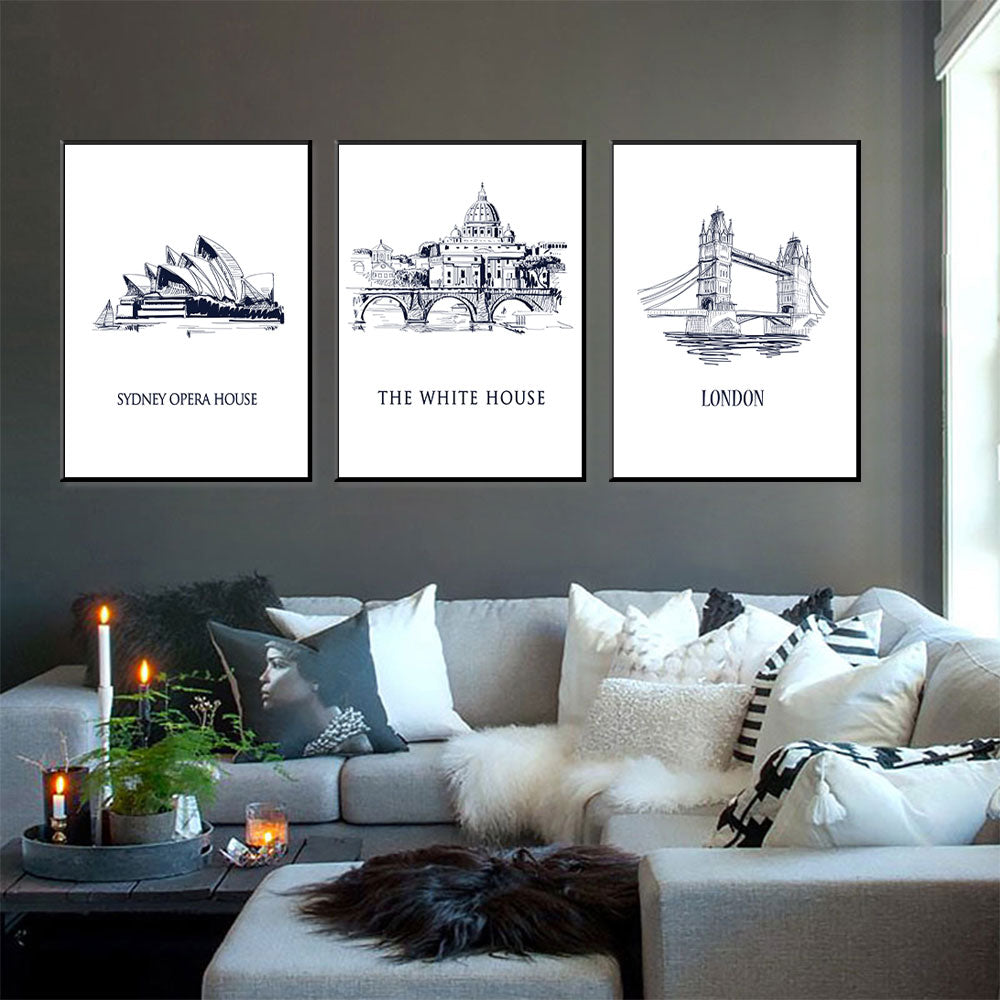 Iconic Capitals: Sydney Opera House, The White House, London Bridge 3-Piece Canvas Set